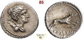 POSTUMIA - C. Postumius (74 a.C.) Denario. B. 9 Syd. 785 Cr. 394/1a A.V. 525 3,93 g 18,7 mm Ag D/ Busto di Diana con arco e faretra R/ Cane che corre;...