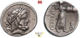 PROCILIA - L. Procilius (80 a.C.) Denario. B. 1 Syd. 771 Cr. 379/1 A.V. 531 4,08 g 18,2 mm Ag D/ Testa di Giove R/ Giunone Sospita con lancia e scudo;...