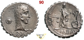 ROSCIA - L. Roscius Fabatus (64 a.C.) Denario. B. 3 Syd. 915 Cr. 412/1 A.V. 537 4,02 g 18,7 mm Ag D/ Testa di Giunone Lanuvia R/ Una giovinetta nutre ...