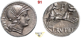 RUTILIA - L. Rutilius Flaccus (77 a.C.) Denario. B. 1 Syd. 780 Cr. 387/1 A.V. 543 3,86 g 17,6 mm Ag D/ Testa di Roma R/ La Vittoria su biga. • Bella p...
