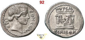 SCRIBONIA - L. Scribonius Libo (62 a.C.) Denario. B. - Syd. 928 Cr. 416/1a A.V. 548 3,77 g 20,7 mm Ag D/ Testa del Bonus Eventus R/ Pozzo scriboniano;...