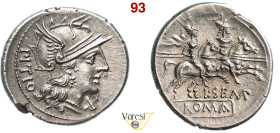 SEMPRONIA - L. Sempronius Pitio (148 a.C.) Denario. B. 2 Syd. 402 Cr. 216/1 A.V. 551 3,66 g 19,8 mm Ag D/ Testa elmata di Roma R/ I Dioscuri a cavallo...