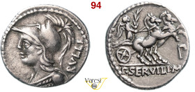 SERVILIA - P. Servilius M.f. Rullus (100 a.C.) Denario. B. 14 Syd. 601 Cr. 328/1 A.V. 561 3,95 g 18,7 mm Ag D/ Busto elmato di Pallade R/ La Vittoria ...