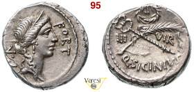 SICINIA - Q. Sicinius (49 a.C.) Denario. B. 5 Syd. 938 Cr. 440/1 A.V. 566 4,01 g 16,8 mm Ag D/ Testa della Fortuna R/ Caduceo alato e palma incrociati...