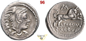 THORIA - L. Thorius Balbus (105 a.C.) Denario. B. 1 Syd. 598 Cr. 316/1 A.V. 579 3,90 g 19,8 mm Ag D/ Testa di Giunone Lanuvia R/ Toro scalpitante. • N...