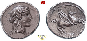 TITIA - Q. Titius (90 a.C.) Denario. B. 2 Syd. 692 Cr. 341/2 A.V. 581 3,89 g 18,3 mm Ag D/ Testa di Bacco R/ Pegaso in volo. • Patina scura. Ex Aes Ru...