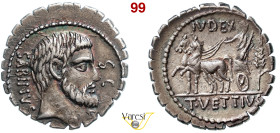 VETTIA - T. Vettius Sabinus (70 a.C.) Denario. B. 1 Syd. 905 Cr. 404/1 A.V. 612 3,90 g 20,2 mm Ag Non comune D/ Testa del re Tatius R/ Sp. Vettius su ...