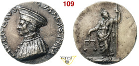 NICOLO' MALASPINA Medaglia s.d. Opus - D/ Busto del Malaspina a s., con berretto R/ L'equità con bilancia e lunga asta Ae 52,73 g 51,6 mm RRRR BB