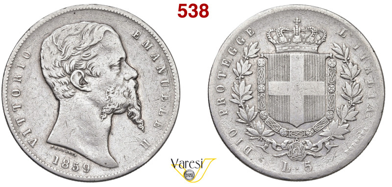 VITTORIO EMANUELE II, Re Eletto (1859-1861) 5 Lire 1859, Bologna MIR 1063a Pagan...
