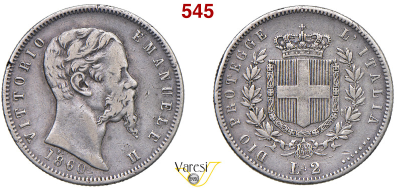 VITTORIO EMANUELE II, Re Eletto (1859-1861) 2 Lire 1860, Bologna MIR 1064b Pagan...