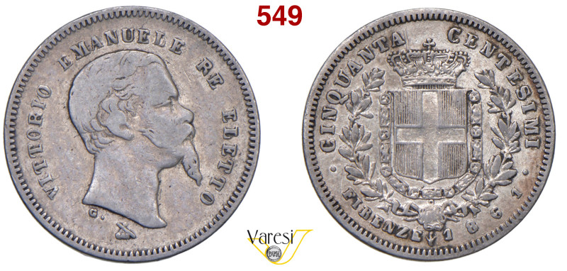 VITTORIO EMANUELE II, Re Eletto (1859-1861) 50 Centesimi 1861, Firenze MIR 1069c...
