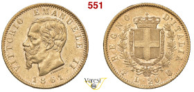 VITTORIO EMANUELE II, Re d'Italia (1861-1878) 20 Lire 1861 "T su F", Torino MIR 1078b Pagani 455a Au 6,44 g 21 mm R BB÷SPL