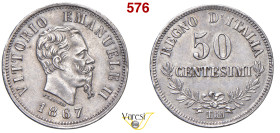 VITTORIO EMANUELE II, Re d'Italia (1861-1878) 50 Centesimi 1867 "valore", Torino MIR 1088g Pagani 533 Ag 2,46 g 18 mm RRR SPL