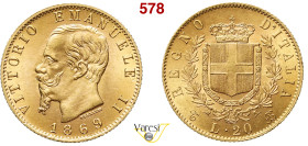 VITTORIO EMANUELE II, Re d'Italia (1861-1878) 20 Lire 1869, Torino MIR 1078j Pagani 463 Au 6,43 g 21 mm • Hairlines q.FDC