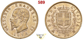 VITTORIO EMANUELE II, Re d'Italia (1861-1878) 20 Lire 1874, Milano MIR 1078q Pagani 470 Au 6,41 g 21 mm BB/q.SPL
