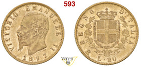VITTORIO EMANUELE II, Re d'Italia (1861-1878) 20 Lire 1877, Roma MIR 1078u Pagani 474 Au 6,44 g 21 mm • Bei fondi lucenti SPL