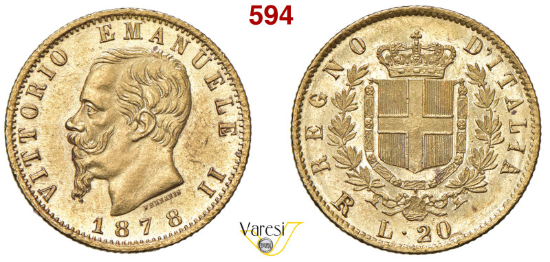 VITTORIO EMANUELE II, Re d'Italia (1861-1878) 20 Lire 1878, Roma MIR 1078v Pagan...