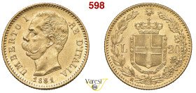 UMBERTO I (1878-1900) 20 Lire 1881, Roma MIR 1098c Pagani 577 Au 6,45 g 21 mm • Colpetto SPL÷FDC