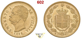 UMBERTO I (1878-1900) 20 Lire 1882 2 su 1, Roma MIR 1098 var. Pagani 578 var. Au 6,44 g 21 mm RR q.FDC