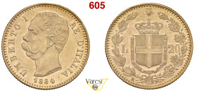 UMBERTO I (1878-1900) 20 Lire 1884, Roma MIR 1098i Pagani 580 Au 6,45 g circa 21 mm RR • Sigillata FDC da Num. Lago Maggiore. Si notano hairlines