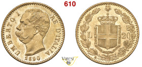 UMBERTO I (1878-1900) 20 Lire 1890, Roma MIR 1098o Pagani 585 Au 6,45 g 21 mm q.FDC
