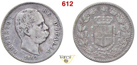 UMBERTO I (1878-1900) Lira 1892, Roma MIR 1103e Pagani 605 Ag 5 g circa 23 mm RR • Sigillata BB+ da Num. Lago Maggiore