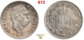 UMBERTO I (1878-1900) 50 Centesimi 1892, Roma MIR 1104b Pagani 609 Au 2,50 g 18,2 mm RR • Bella patina FDC