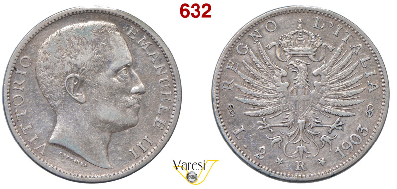 VITTORIO EMANUELE III (1900-1946) 2 Lire 1903 "Aquila araldica", Roma MIR 1139c ...