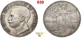 VITTORIO EMANUELE III (1900-1946) 5 Lire 1911 "Cinquantenario dell'Unità d'Italia", Roma MIR 1135a Pagani 707 Ag 25 g 37,1 mm • Magnifico esemplare co...