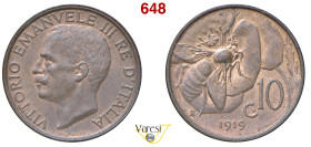 VITTORIO EMANUELE III (1900-1946) 10 Centesimi 1919 "ape", Roma MIR 1158a Pagani 864 Cu 5,42 g 22 mm R SPL/q.FDC