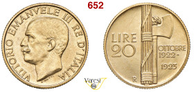 VITTORIO EMANUELE III (1900-1946) 20 Lire 1923 "Fascetto", R, Roma MIR 1127a Pagani 670 Au 6,44 g 21 mm • Hairlines e un graffietto al D/ SPL/FDC