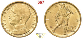 VITTORIO EMANUELE III (1900-1946) 50 Lire 1932 X "Littore", Roma MIR 1123c Pagani 659 Au 4,40 g 20 mm q.FDC