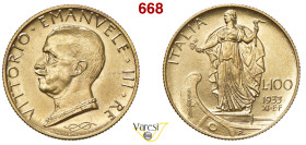 VITTORIO EMANUELE III (1900-1946) 100 Lire 1933 XI "Italia su prora", Roma MIR 1118d Pagani 649 Au 8,78 g 23 mm FDC