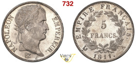 FRANCIA - NAPOLEONE I (1804-1815) 5 Franchi 1811, A, Parigi Gad. 584 KM. 694.1 Ag 24,9 g 37,2 mm • Splendido esemplare; leggeri hairlines SPL÷FDC