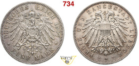 GERMANIA - LUBECCA 5 Marchi 1907, A Jaeger 83 Ag 27,81 g 38,1 mm SPL