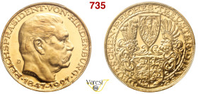 GERMANIA - Medaglia, al modulo del 5 Marchi 1927 80° compleanno di Paul Von Hindenburg. Opus Karl Goetz, D, Monaco Au 22 g circa 36 mm • In slab PCGS ...