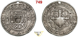 MESSICO - FILIPPO V (1700-1746) 8 Reales o "Royal" 1715, Mexico City D/ Stemma coronato; a s. segno di zecca e sotto sigla J. Al centro contromarca no...