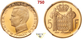 MONACO - RANIERI III (1949-2005) 5 Franchi 1966 Essai, Parigi Fr. 31b KM. E55 Gad. MC152.5 Au 20 g circa 29 mm • in slab NGC PF69 Ultra Cameo; solo 50...