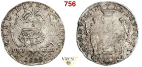 PERU - FERDINANDO VII (1808-1833) 8 Reales 182...(?) . Calicò 1257 Cayon 16093 Ag 26,54 g 38,1 mm RR • Contromarca della Corona Reale su un 8 Reales 1...