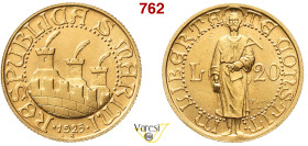 SAN MARINO - REPUBBLICA 20 Lire 1925, Roma Pagani 341 Fr. 1 Gig. 1 Au 6,42 g 20,8 mm RR q.FDC/SPL