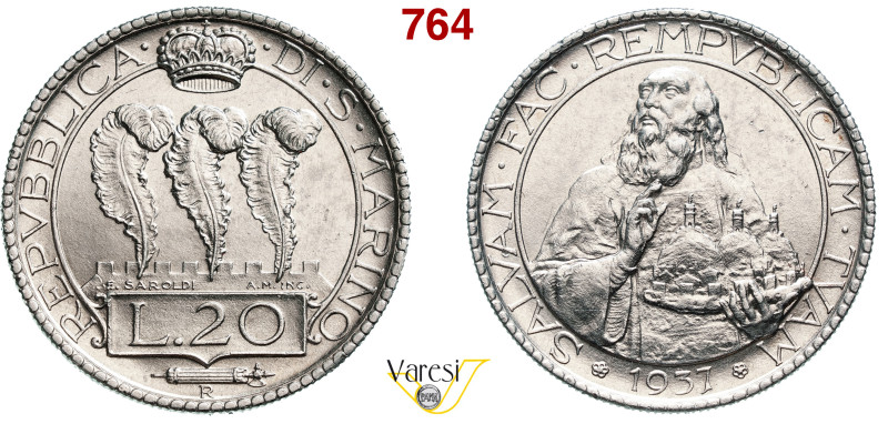 SAN MARINO - REPUBBLICA 20 Lire 1937, Roma Pagani 347 Ag 20,00 g 35,7 mm R • Hai...