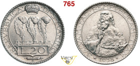 SAN MARINO - REPUBBLICA 20 Lire 1938, Roma Pagani 348 Ag 20,05 g 35,8 mm RR • Leggeri hairlines SPL÷FDC