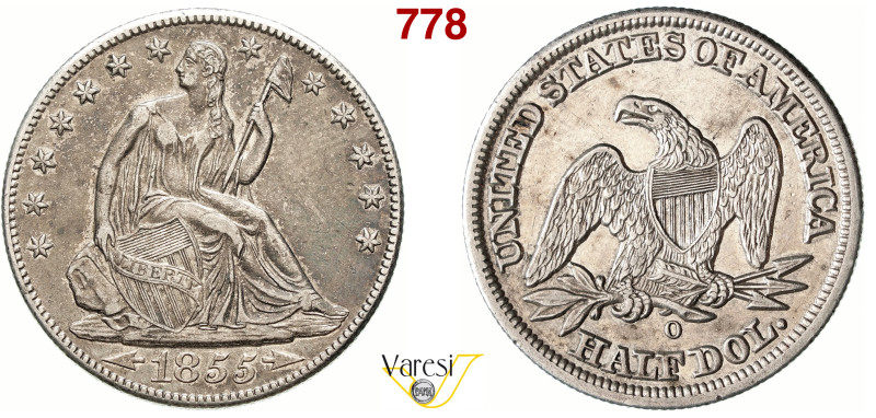 U.S.A. - 1/2 Dollaro 1855, O, New Orleans Ag 12,41 g 30,5 mm BB÷SPL