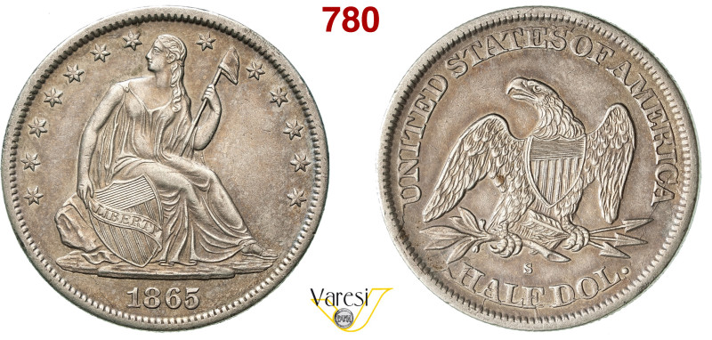 U.S.A. - 1/2 Dollaro 1865, S, San Francisco Ag 12,39 g 30,7 mm BB÷SPL