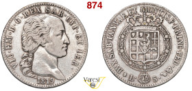 VITTORIO EMANUELE I (1802-1821) 5 Lire 1819 Torino MIR 1030d Pagani 13 Ag 24,74 g 37 mm MB