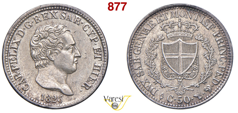 CARLO FELICE (1821-1831) 50 Centesimi 1825 Torino MIR 1038d Pagani 111 Ag 2,51 g...