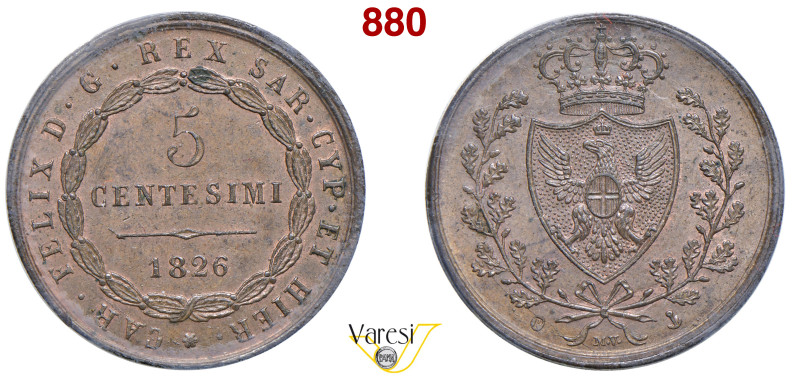 CARLO FELICE (1821-1831) 5 Centesimi 1826 Genova MIR 1040a Pagani 126 Cu 10 g ci...