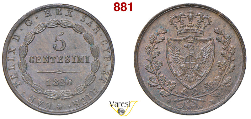 CARLO FELICE (1821-1831) 5 Centesimi 1826 "L", Torino MIR 1040b Pagani 127 Cu 9,...