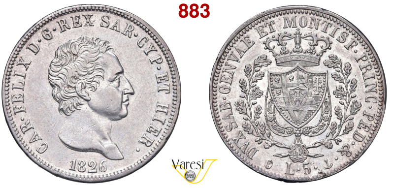 CARLO FELICE (1821-1831) 5 Lire 1826 Genova MIR 1035h Pagani 70 Ag 24,99 g 37 mm...