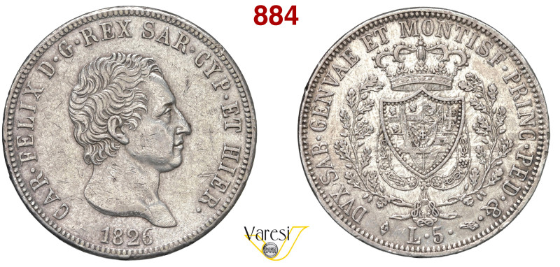 CARLO FELICE (1821-1831) 5 Lire 1826 Torino MIR 1035i Pagani 71 Ag 24,98 g 37 mm...